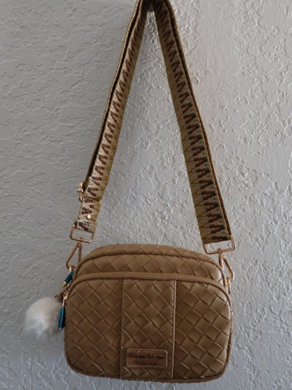 Pom Pom London Mayfair Leather Crossbody w/Multi Straps Caramel Woven NEW
